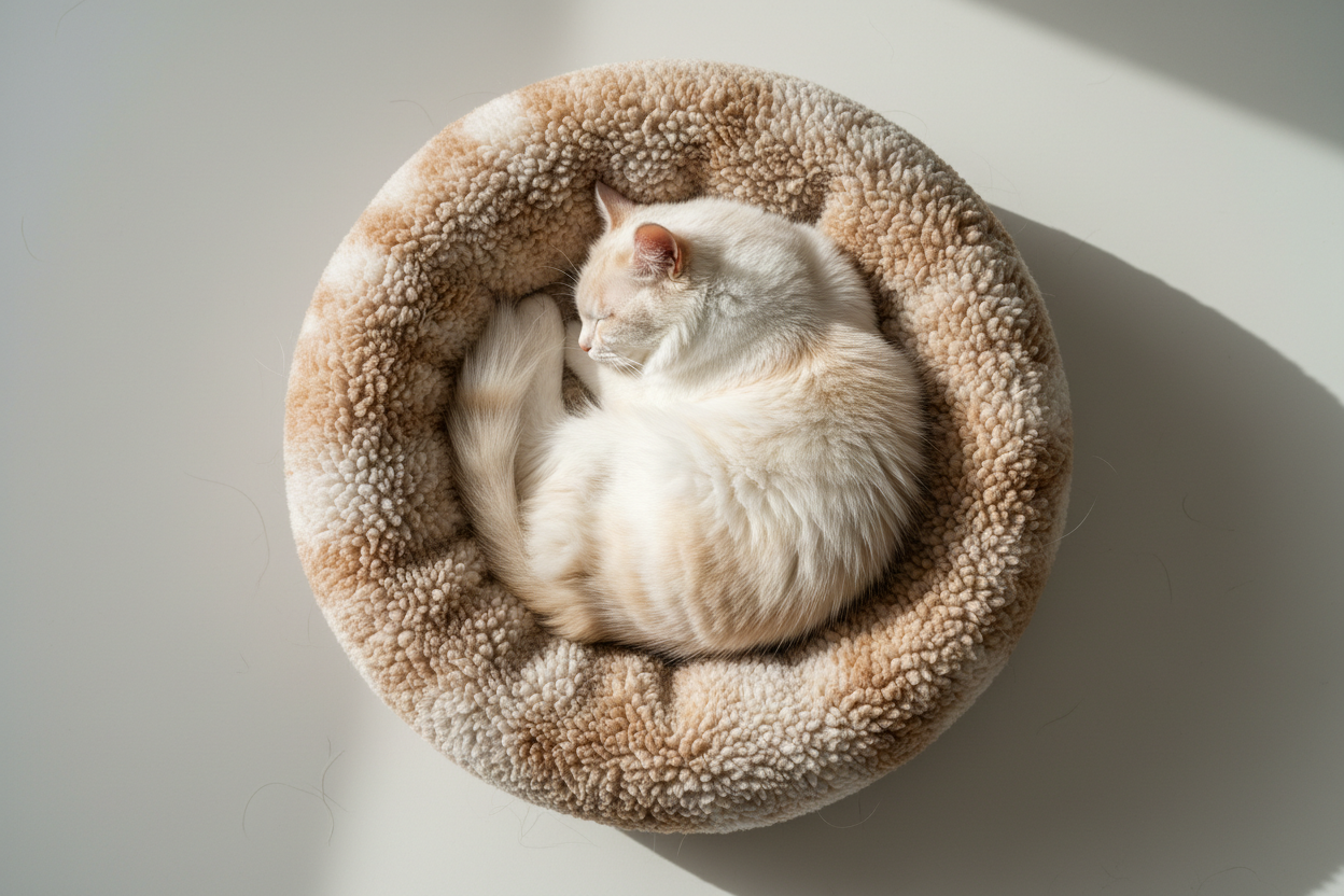 Fluffy cat curled up in cozy cat bed