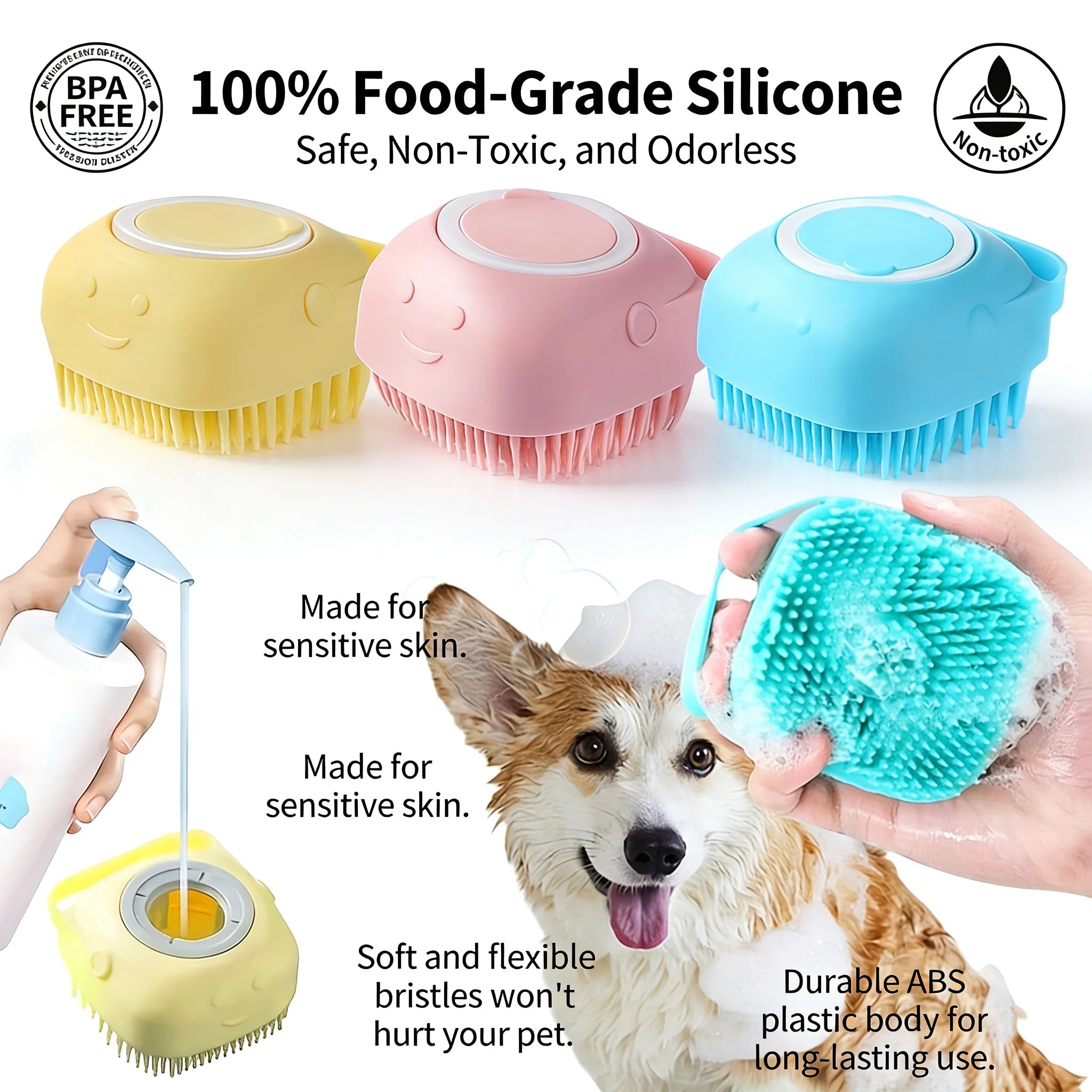 2-In-1 Pet Bath & Massage Brush With Shampoo Storage Silicone scrub