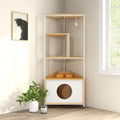 Corner cat condo with feeding station and climbing platforms