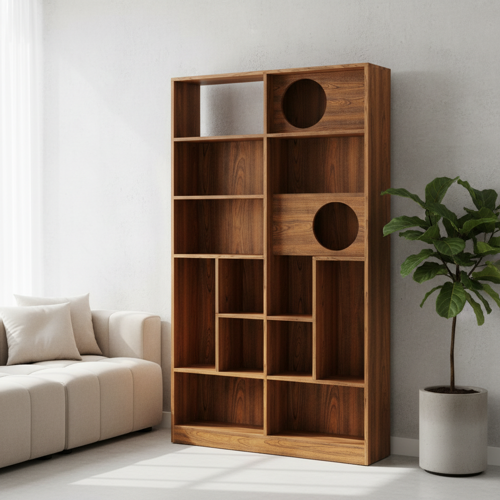 Lifestyle image of the cat house bookshelf in a modern living room