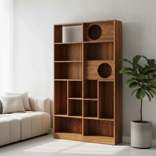 Lifestyle image of the cat house bookshelf in a modern living room